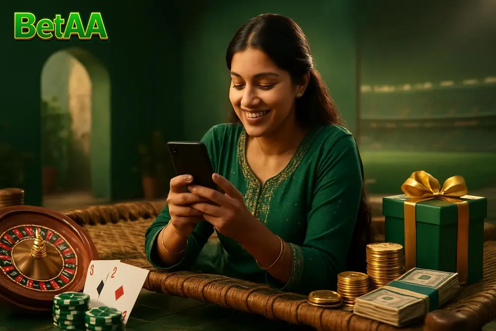 BetAA App โ a Pakistani woman relaxing on a charpai in a courtyard tapping on her phone with a satisfied smile BetAA App โ a Pakistani woman relaxing on a charpai in a courtyard tapping on her phone with a satisfied smile