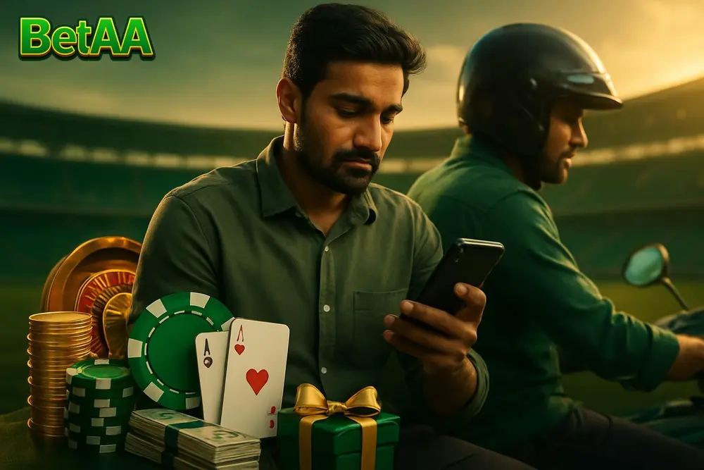 BetAA App โ a Pakistani man riding as a passenger on a motorbike glancing at a mobile app on his phone during golden BetAA App โ a Pakistani man riding as a passenger on a motorbike glancing at a mobile app on his phone during golden