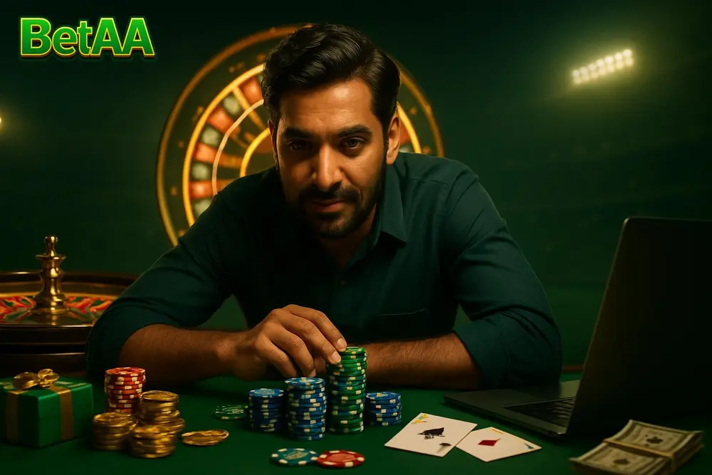 BetAA Games — a Pakistani man leaning over a table stacked with colorful chips as a spinning wheel glows behind him