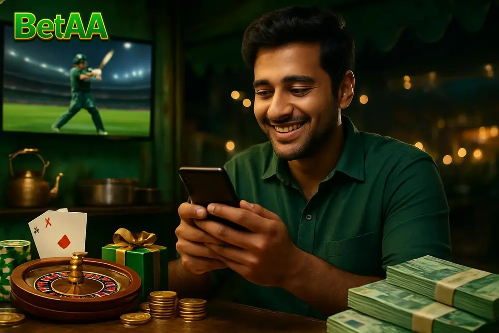 BetAA Pakistan โ a young Pakistani man smiling while using a mobile phone at a bright tea stall with a cricket match BetAA Pakistan โ a young Pakistani man smiling while using a mobile phone at a bright tea stall with a cricket match