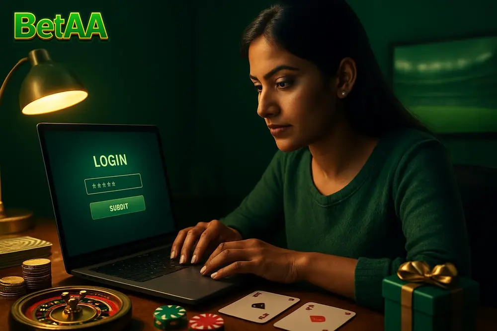 BetAA Login โ a young Pakistani woman entering her password on a laptop late at night at a study desk with a lamp BetAA Login โ a young Pakistani woman entering her password on a laptop late at night at a study desk with a lamp
