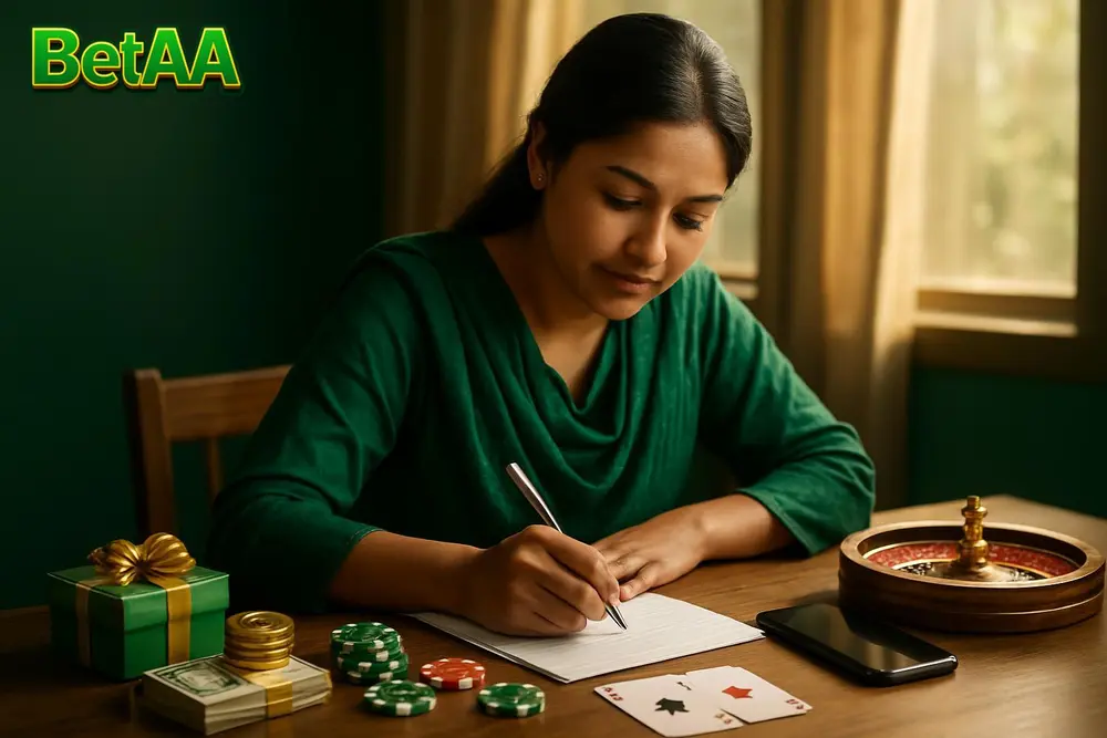 BetAA Register โ a Pakistani woman at a wooden desk writing details on paper next to her phone while sunlight BetAA Register โ a Pakistani woman at a wooden desk writing details on paper next to her phone while sunlight