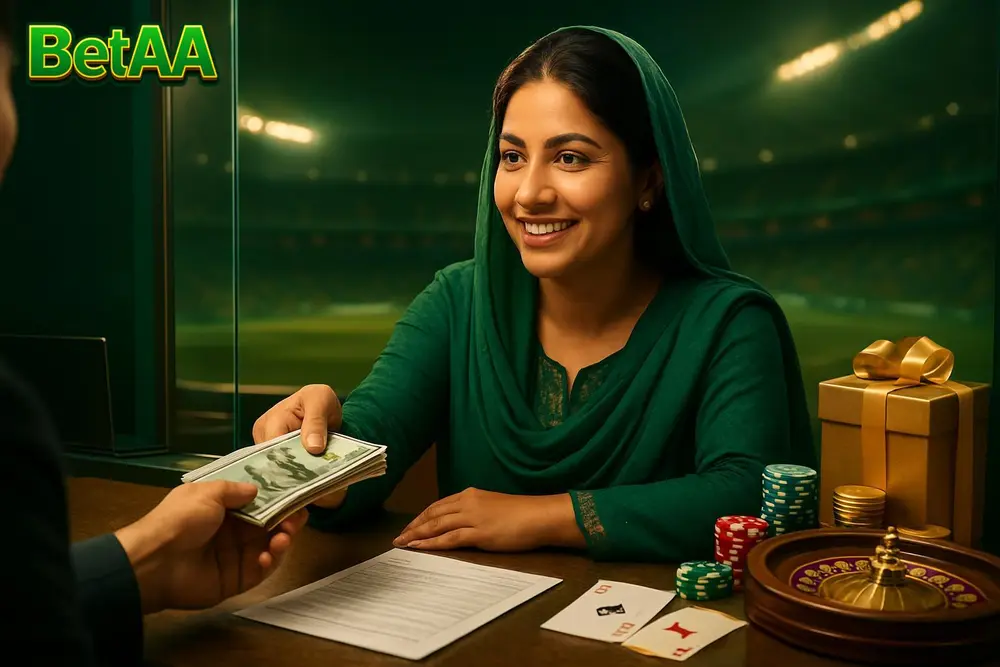 BetAA Withdraw — a Pakistani woman receiving cash from a bank teller counter with a satisfied expression and